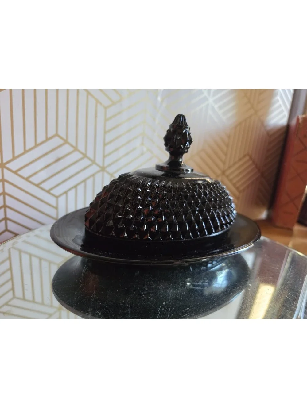 Vintage Tiara Indiana Black Diamond Point Glass Butter Keeper Dish 2 Pc EUC